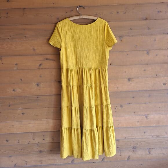 Anthropologie Maeve Gillian Mustard Yellow Tier Maxi Dress XLP Summer Boho Flowy - Picture 3 of 4
